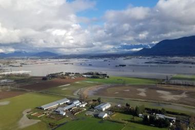 Small groups of farm buildings and roads are safe on higher ground, but surrounded by flooded farmland.