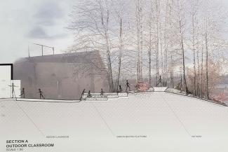 A rendering of an outdoor classroom with stick figures representing teachers and students in the various spaces