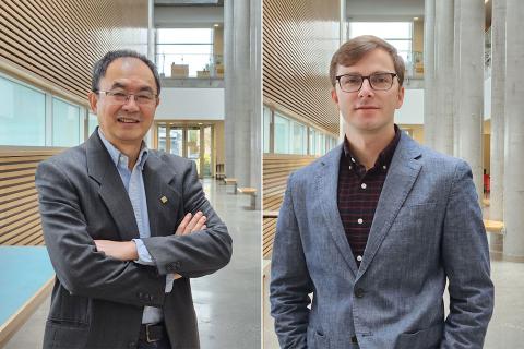 Principal investigators professor Xiaotao (Tony) Bi and associate professor Chester Upham standing in CHBE foyer.